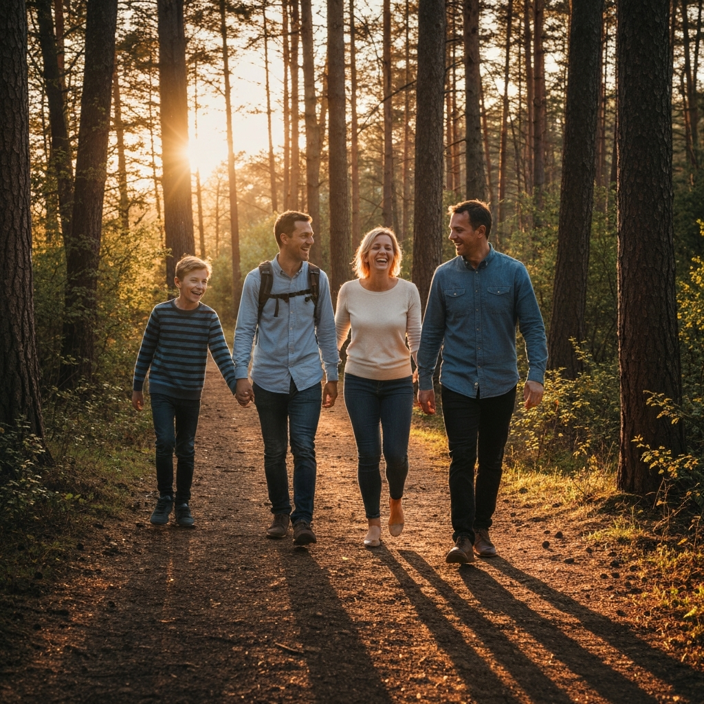 A family hiking through a forest during golden hour. The sun filters through the trees, creating long shadows and highlighting the textures of the leaves and bark. Laughter is audible as they walk along a dirt path.