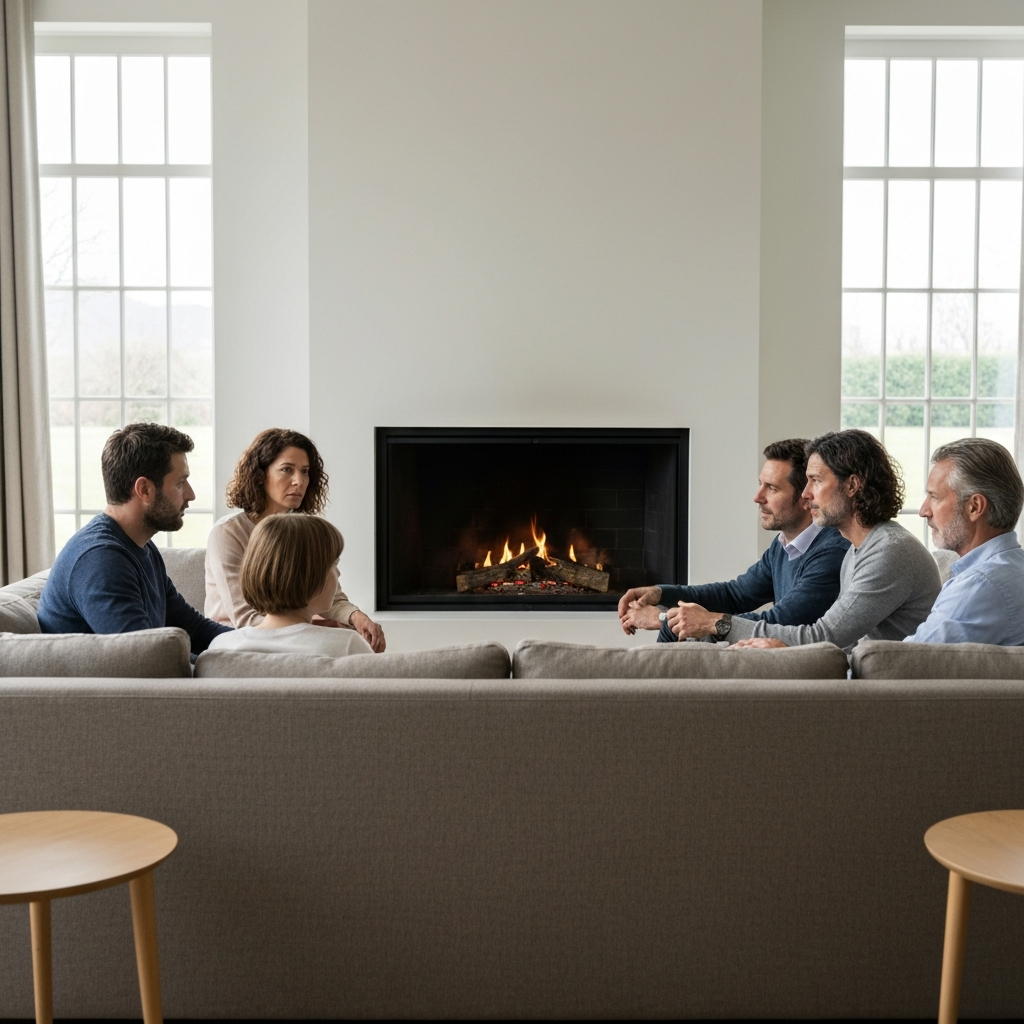 A living room with a cozy fireplace. A family of four are sitting on a large sofa, engaged in a serious conversation. The lighting is soft and warm, creating a sense of intimacy. The focus is on their facial expressions, conveying empathy and understanding.