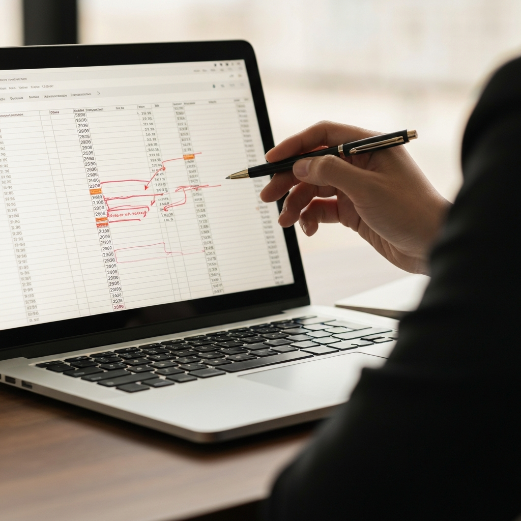 Close-up of a laptop screen displaying a detailed spreadsheet with highlighted cells and annotations. A hand holding a pen is pointing at a specific column. Soft, warm lighting creates a comfortable and professional atmosphere.