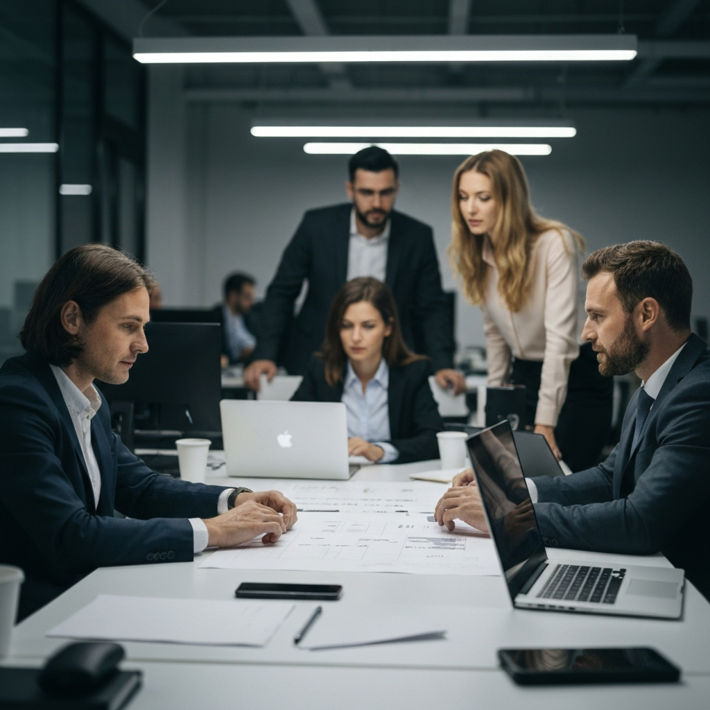 An office space with employees working at their desks, collaborating on a project. Some employees are using laptops, while others are discussing ideas. The lighting is bright and functional, creating a productive and efficient atmosphere.
