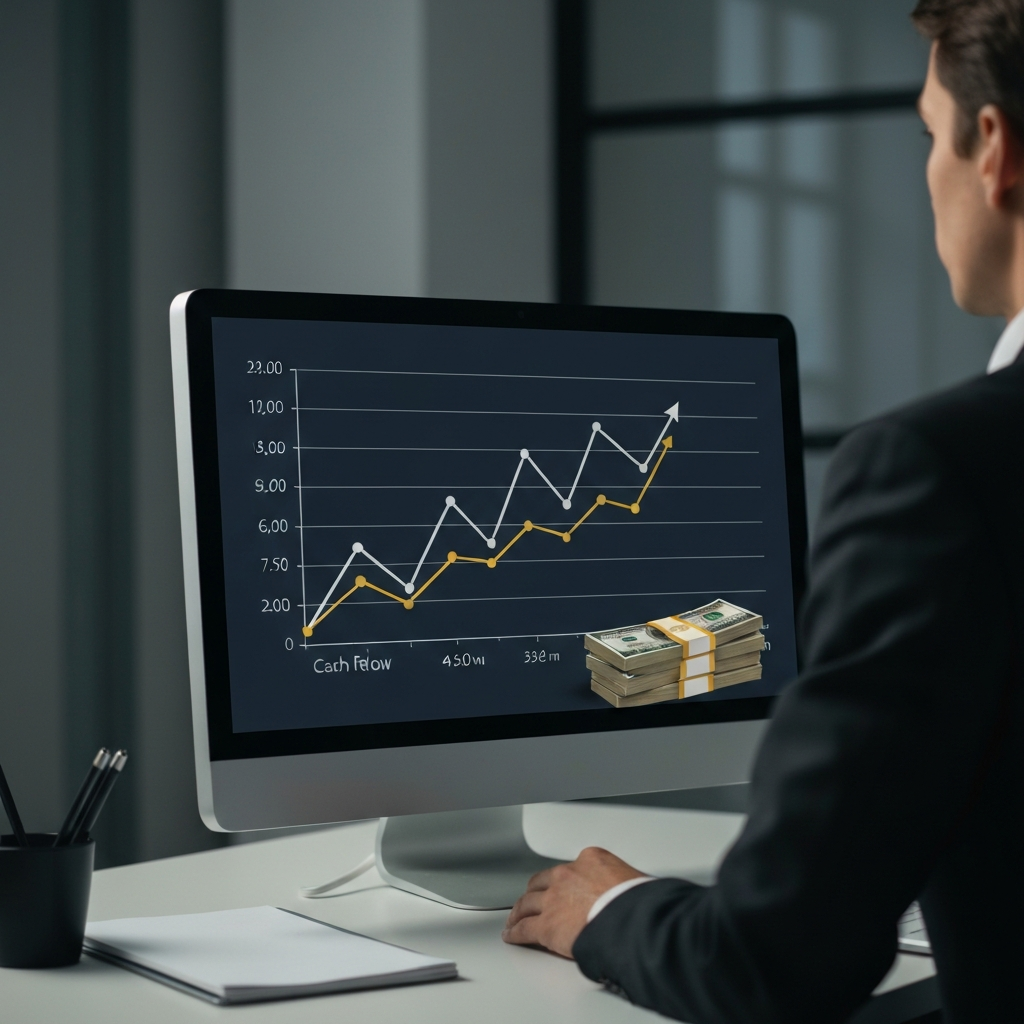 A graph showing a steady upward trend in cash flow, with a pile of money representing the cash reserve. The graph is displayed on a computer screen in a professional office setting. The lighting is subtle and focused, highlighting the positive trend.