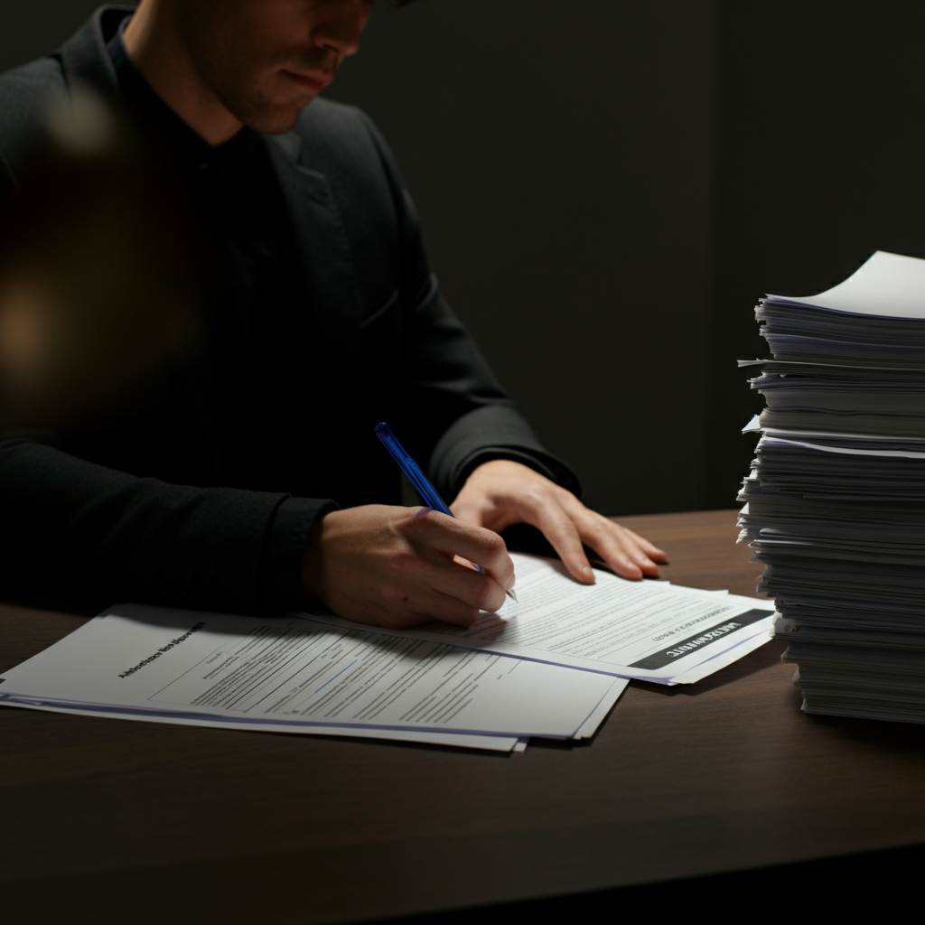 A person is sitting at a desk, reviewing government documents and filling out an application form. A stack of papers is neatly organized on the desk. The lighting is bright and professional, creating a focused and serious atmosphere.