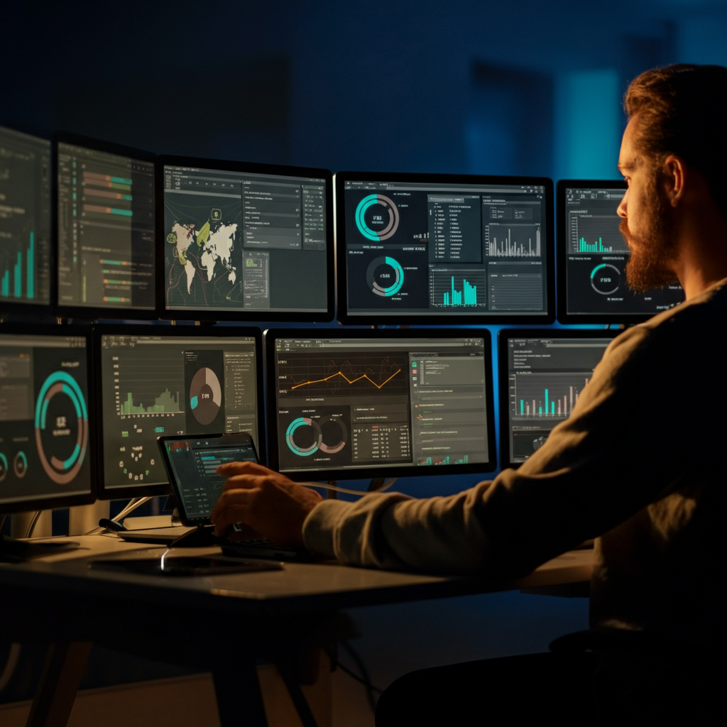 A person is working on a computer, using various digital tools and software applications. Multiple monitors display different graphs, charts, and data visualizations. The lighting is modern and tech-focused, creating an innovative and efficient atmosphere.