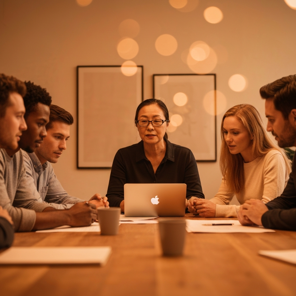 A team is gathered around a table, brainstorming ideas and discussing different strategies. The atmosphere is collaborative and dynamic, with team members actively participating and sharing their thoughts. The lighting is warm and inviting, creating a comfortable and open atmosphere.