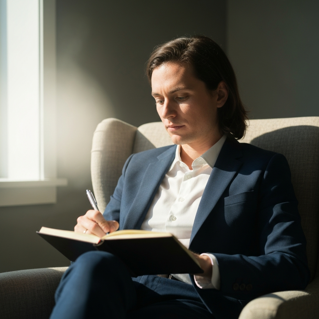 A person sitting comfortably in a sunlit armchair, writing in a journal with a thoughtful expression. Soft bokeh in the background, highlighting the person and the journal. Natural light streaming in from a window to the left.