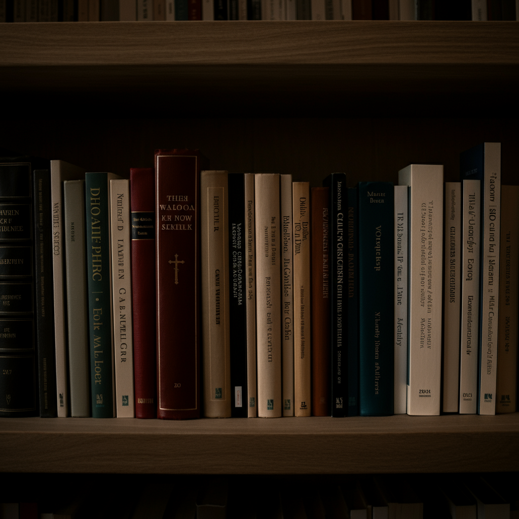 A bookshelf filled with diverse books on religion, philosophy, and spirituality. The books are arranged neatly, with some showing signs of frequent use. Soft, diffused light highlighting the textures of the book covers.