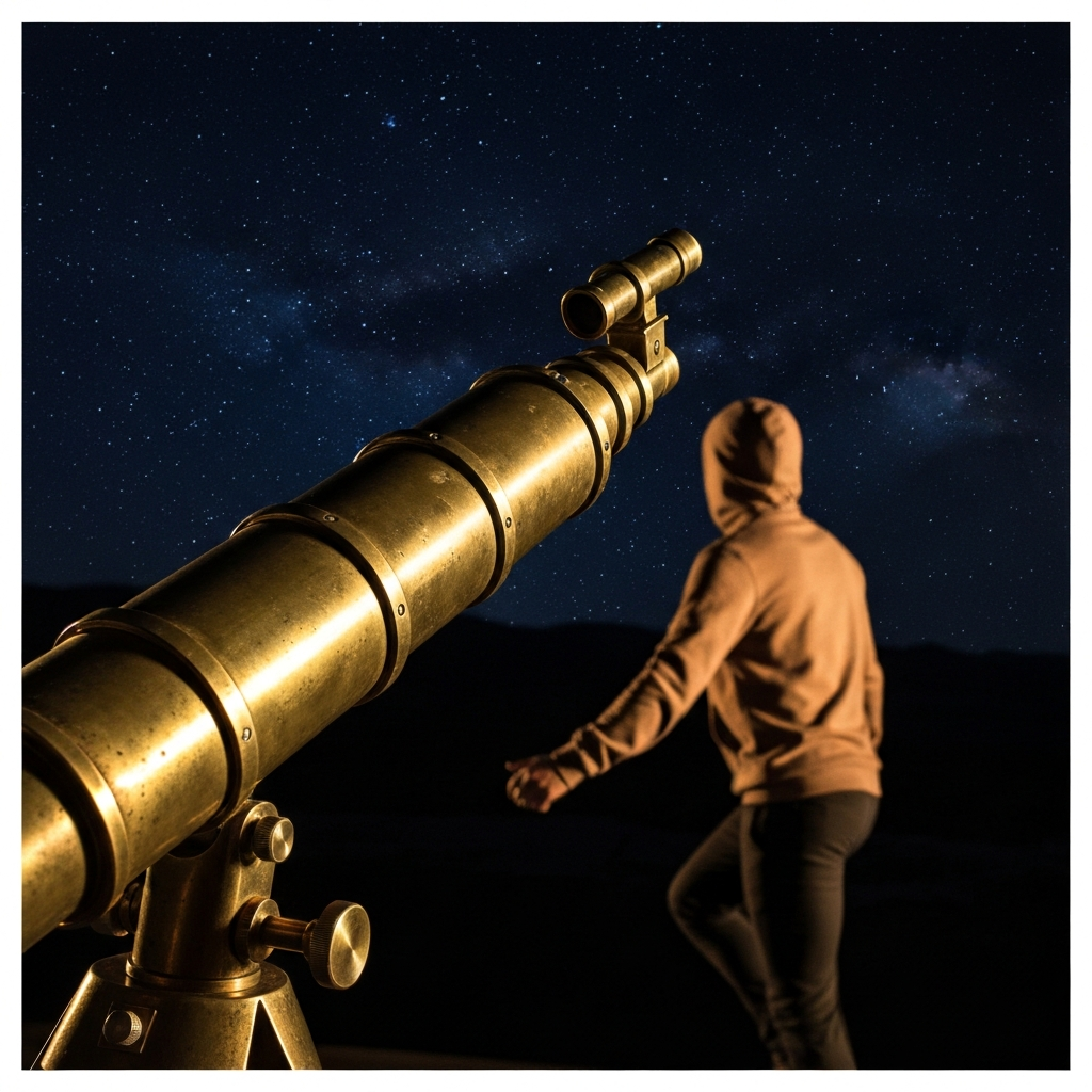 A close-up photograph of a telescope pointed towards the night sky. The telescope is made of brass and has a weathered look. Starry sky visible in the background, slightly out of focus.