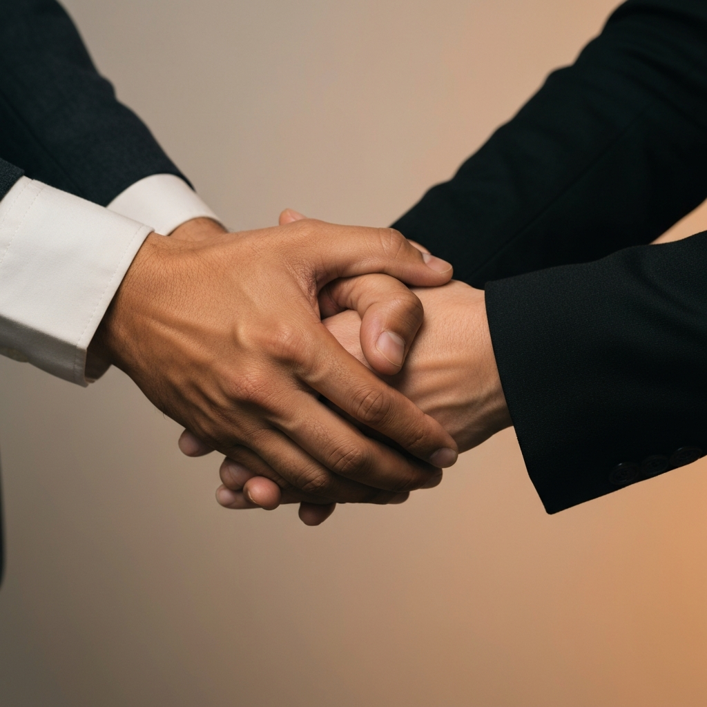 Two hands clasped together in a gesture of agreement or support. The hands are diverse in skin tone. Soft, warm lighting emphasizing the texture of the skin and the wrinkles in the palms.