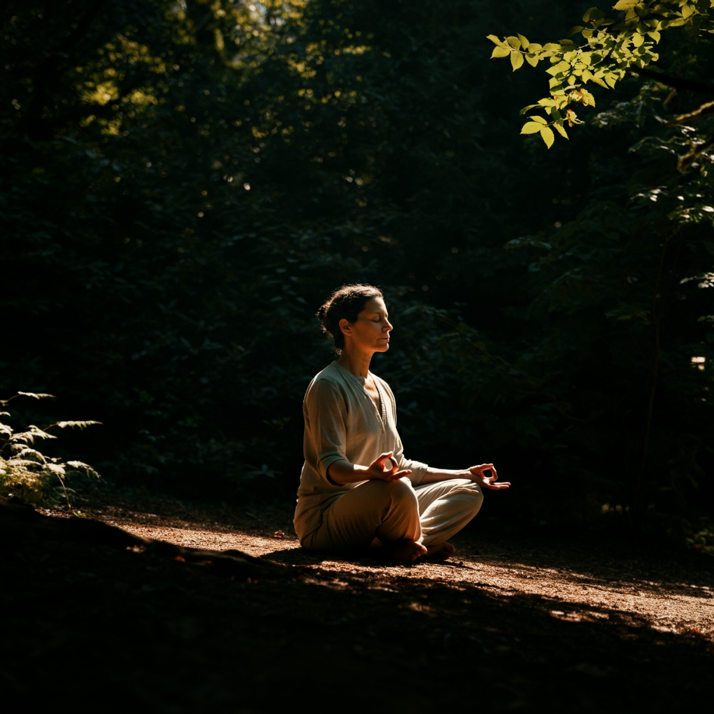 A person meditating outdoors in a peaceful natural setting. Sunlight filters through the leaves of the trees, creating dappled shadows. The person is sitting in a comfortable posture with their eyes closed, a serene expression on their face.