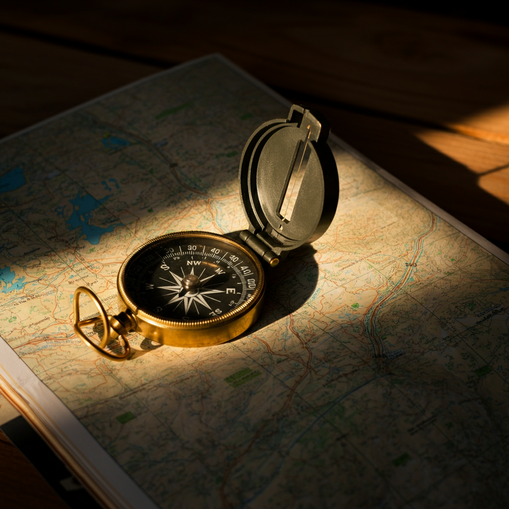 A weathered compass lying on top of an open map. The map shows a winding road through a mountainous landscape. Golden hour lighting with long shadows adds a sense of adventure and discovery.