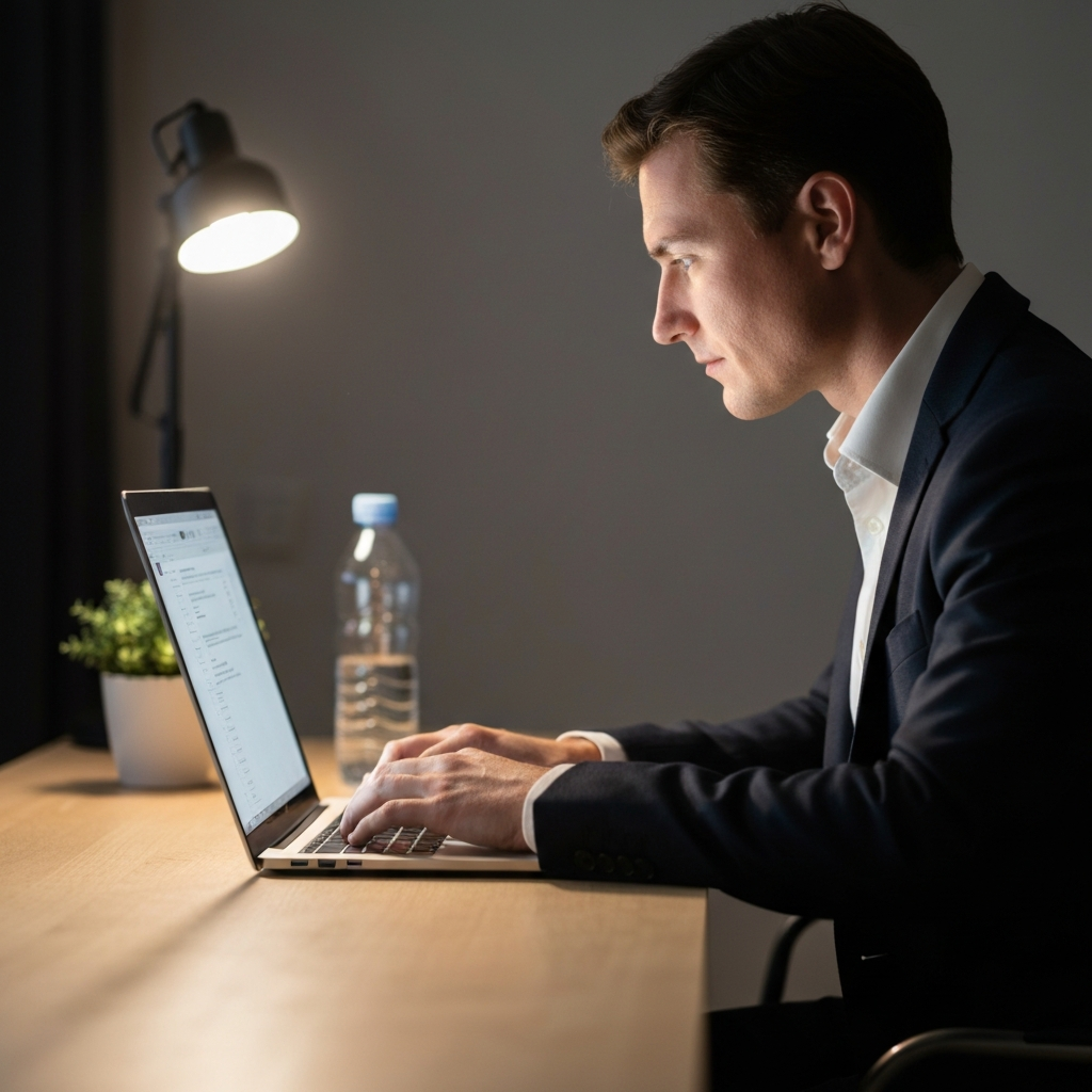 A person using a laptop on a clean, wooden desk. The light from the screen illuminates their focused face. A water bottle and a small plant are visible in soft bokeh in the background.