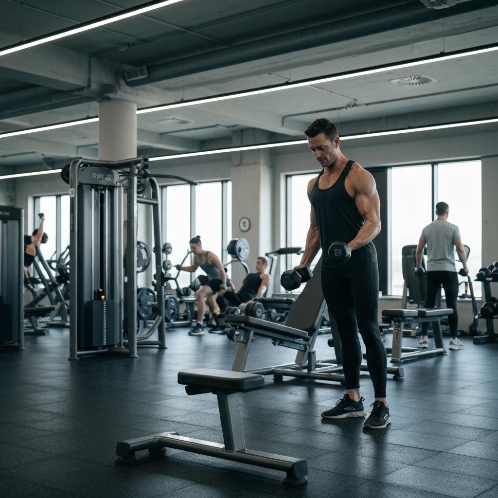 A well-lit gym with modern equipment. A person is performing a bicep curl with dumbbells. The background shows other individuals engaged in various exercises.