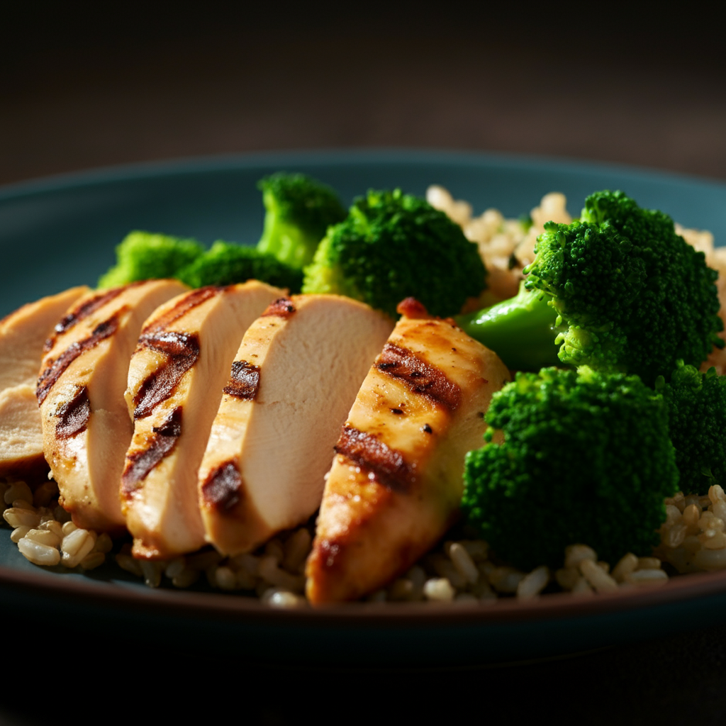 A close-up shot of a plate of grilled chicken breast, steamed broccoli, and brown rice. The lighting highlights the textures of the food.