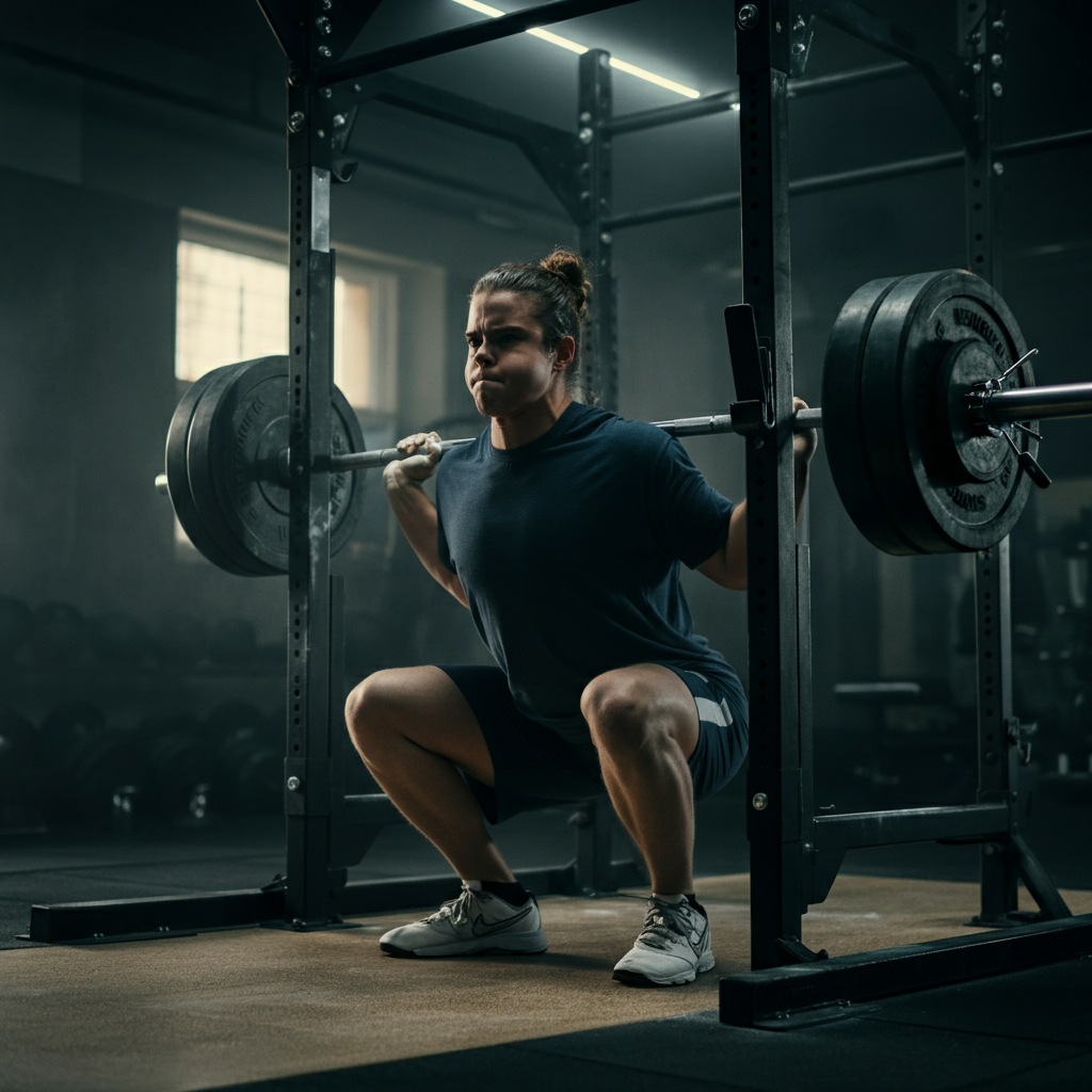 A person performing a squat with a barbell in a gym setting. Spotters are present and the environment is clean and organized.