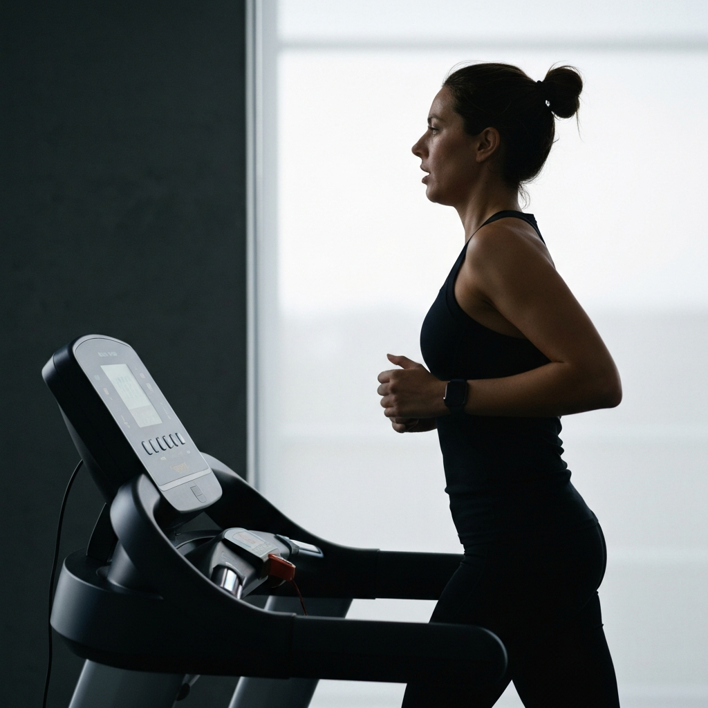 A person running on a treadmill. Their face shows exertion, but their posture is correct. The treadmill console displays speed and time.