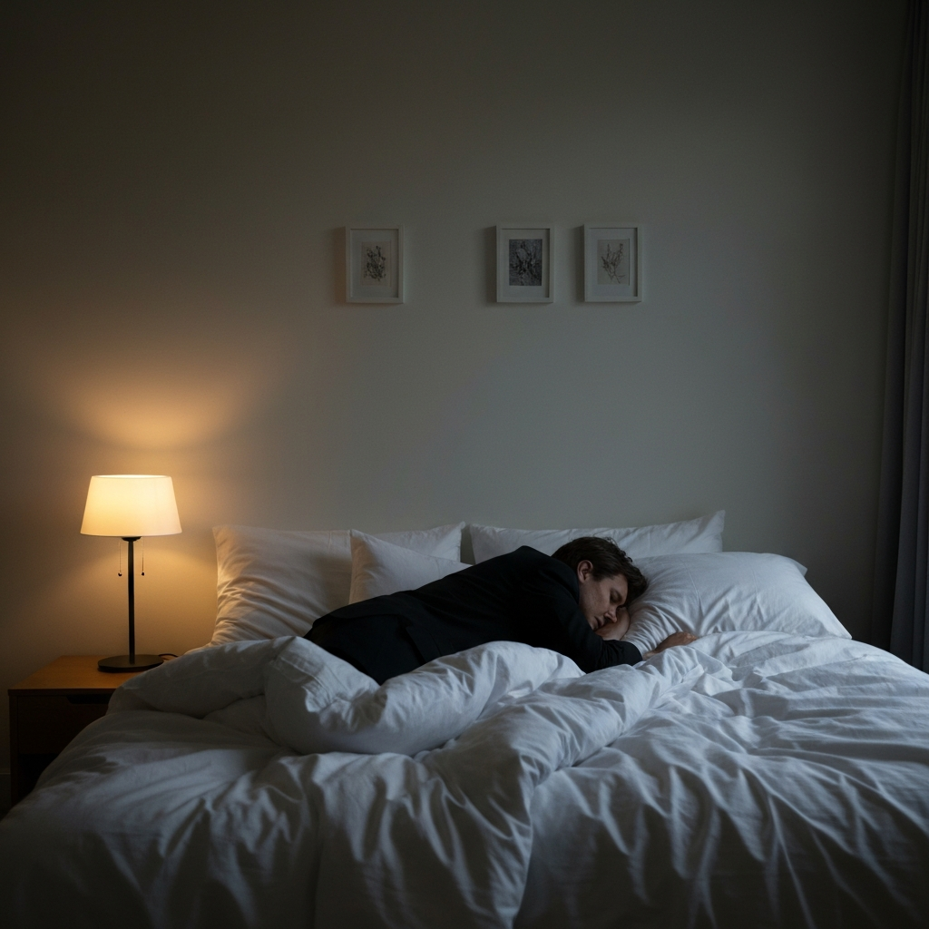 A dimly lit bedroom with soft, comfortable bedding. A person is asleep, facing away from the camera. A bedside lamp casts a warm glow.