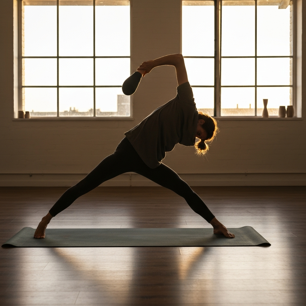 A person practicing yoga in a bright, airy studio. Natural light streams through the windows, illuminating the room.