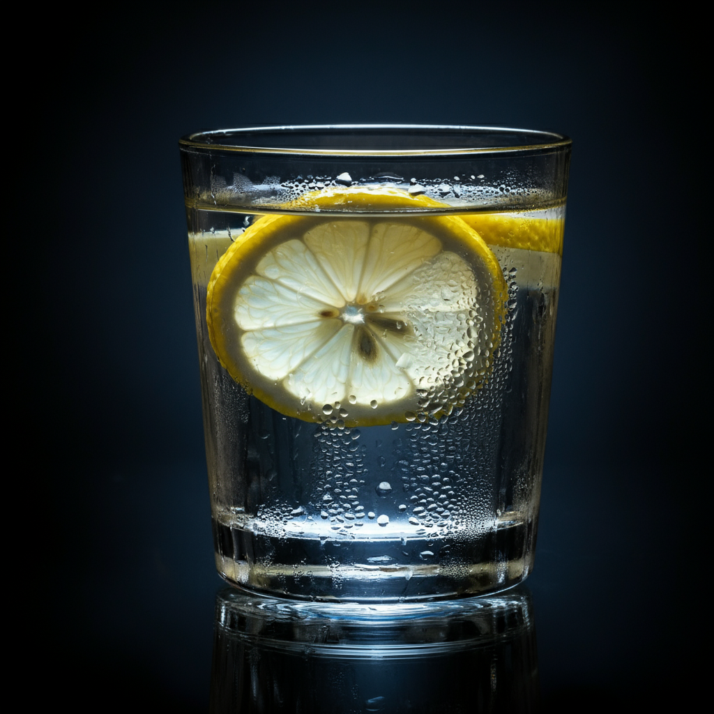 A close-up of a glass of water with condensation droplets on the outside. A slice of lemon is visible in the water.