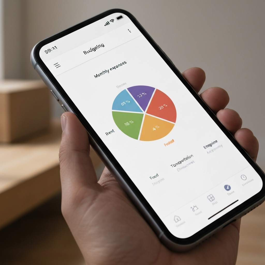 Close-up of a smartphone displaying a budgeting app. The screen shows a colorful pie chart breaking down monthly expenses. The app interface is clean and user-friendly, with categories such as "Rent," "Food," "Transportation," and "Entertainment" clearly labeled.