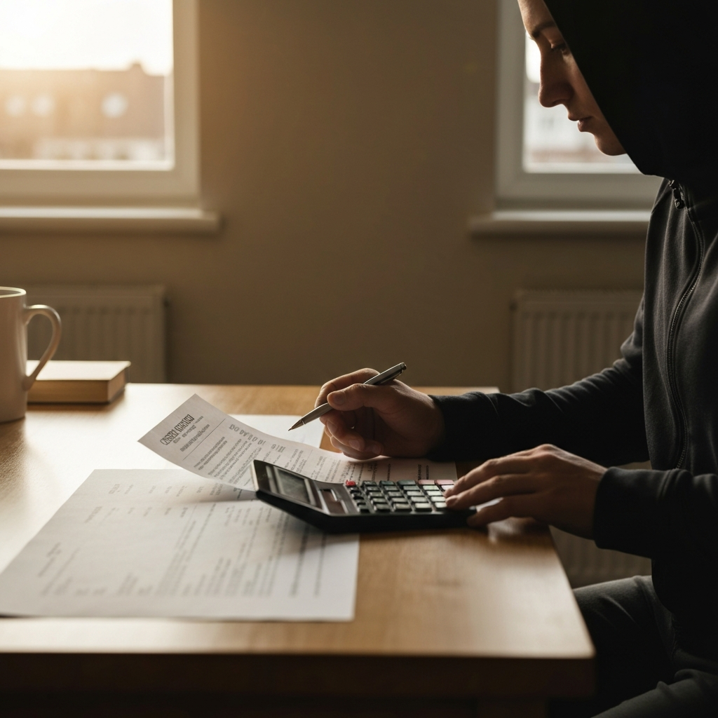 An individual sitting at a kitchen table, meticulously reviewing a credit card statement. Soft, natural light streams in from a nearby window, highlighting the texture of the paper and the details of the financial document. They are using a calculator to verify the charges.