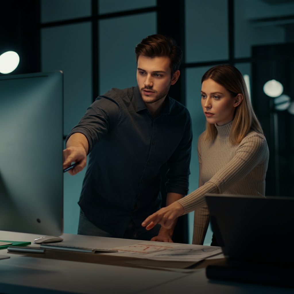 Two young professionals, dressed in business casual attire, are collaboratively reviewing investment charts on a large monitor in a brightly lit office. They are pointing to different trends and discussing potential strategies, demonstrating teamwork and a shared understanding of financial markets.