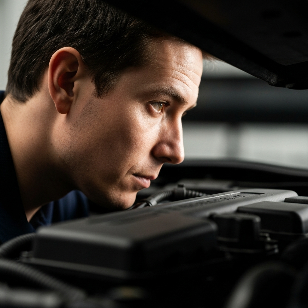 Close-up of a mechanic's ear near a car engine, with a focused expression. Soft lighting emphasizing the textures of the engine components.