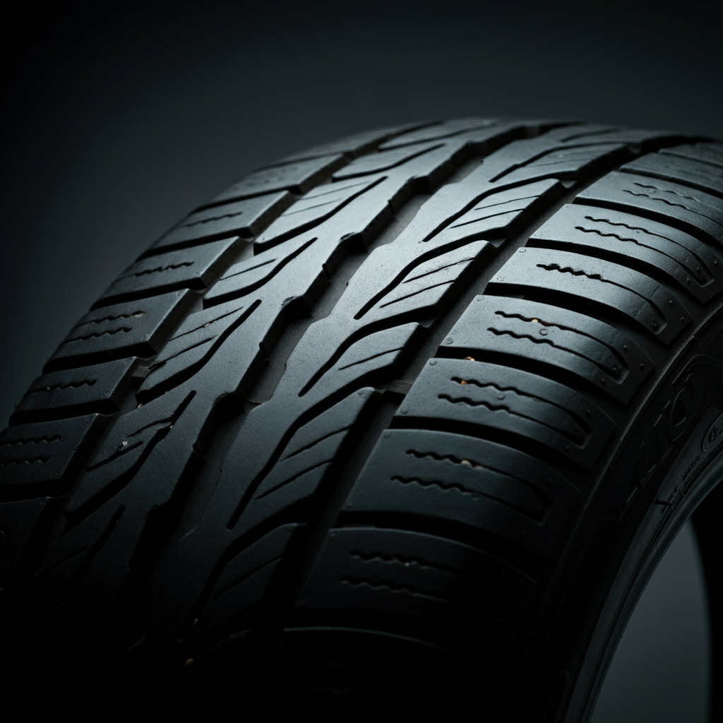 Close-up shot of a tire with visible uneven wear patterns. Focus on the texture and depth of the tread.