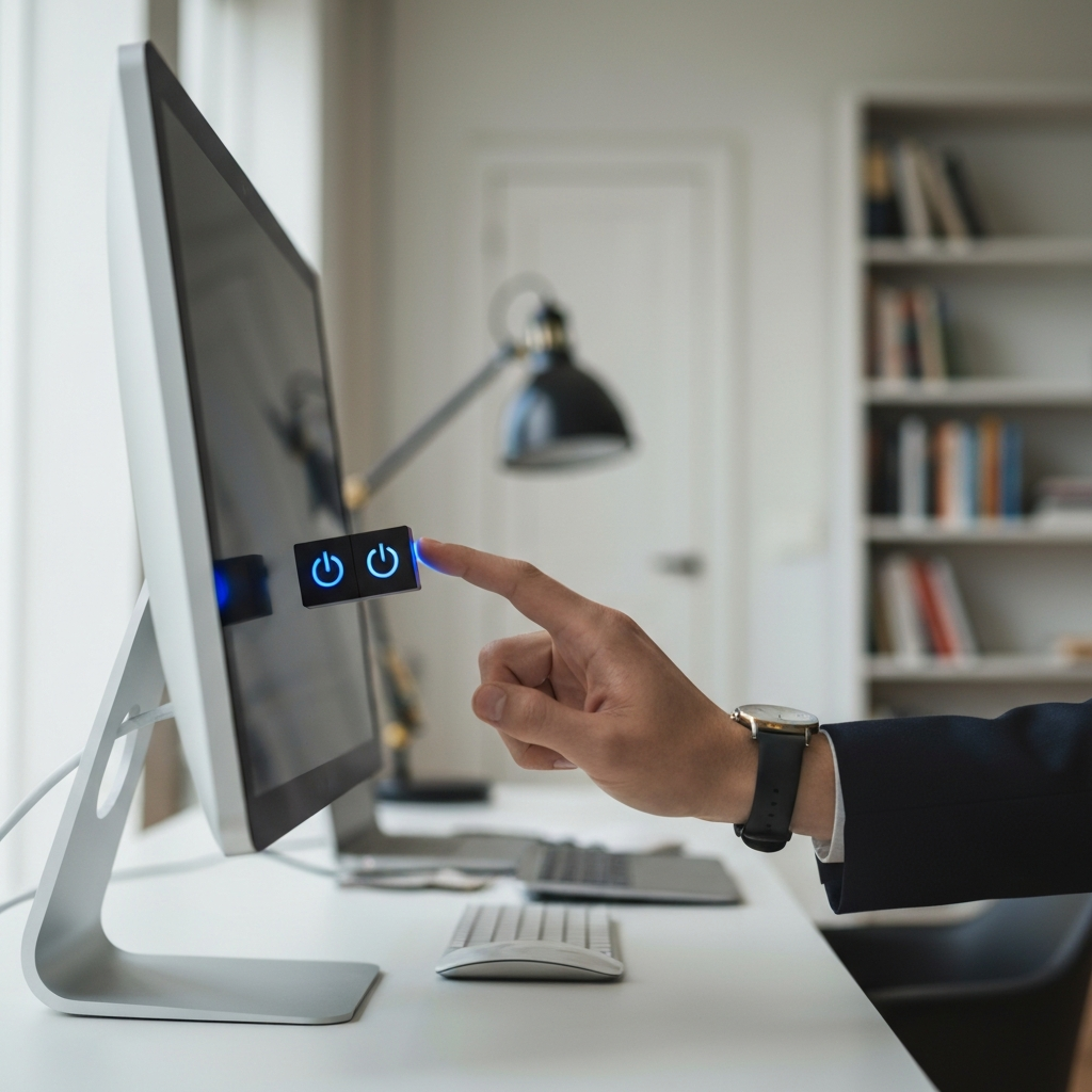A desktop computer, slightly out of focus, with a power button illuminated in blue. A hand, wearing a simple wristwatch, is reaching towards the button. The background is a blurred home office setting, with bookshelves and a lamp visible.
