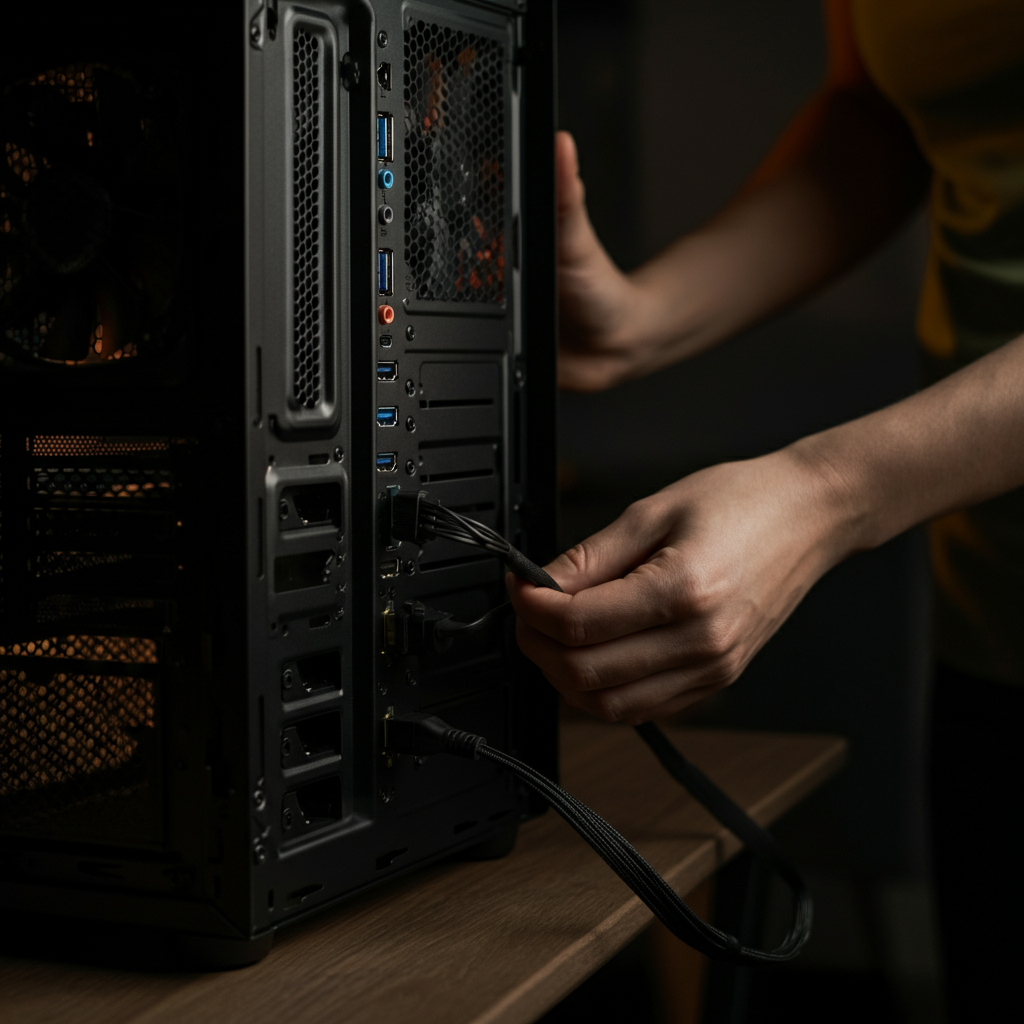 A person is carefully inspecting the back of a computer tower. The lighting is focused on the ports and cables, with a soft, warm glow. The textures of the different cables are visible, from the smooth plastic of the power cord to the braided shielding of a USB cable.