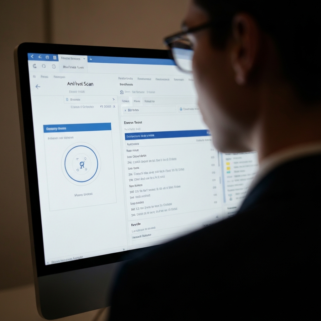 Close-up of a computer screen displaying the results of a virus scan. The antivirus software interface is visible, with a progress bar and a list of scanned files. The lighting is soft and even, highlighting the details of the screen.