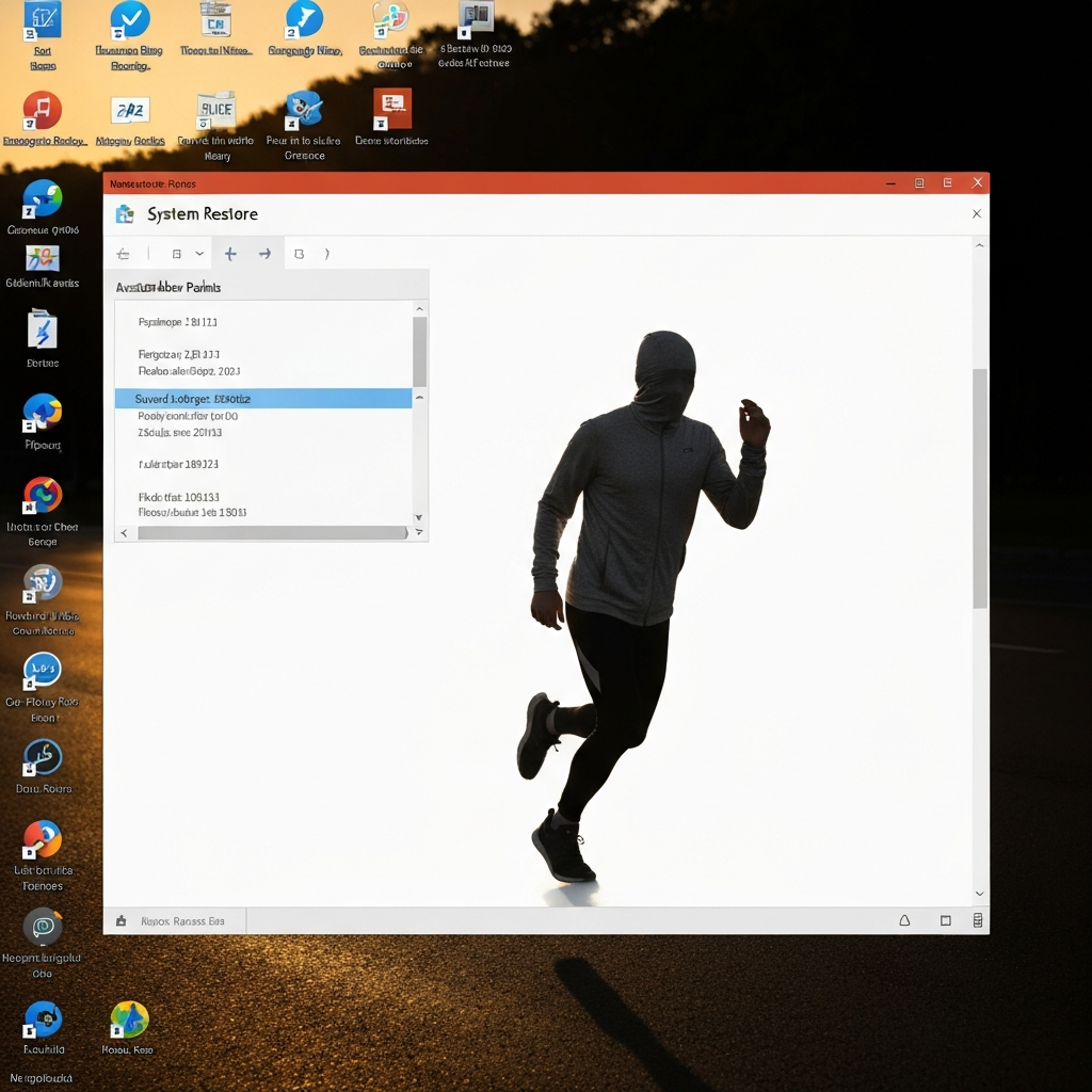 A computer screen displaying the System Restore interface in Windows. The screen shows a list of available restore points, with dates and descriptions. The background is a typical desktop environment, with icons and a taskbar visible.