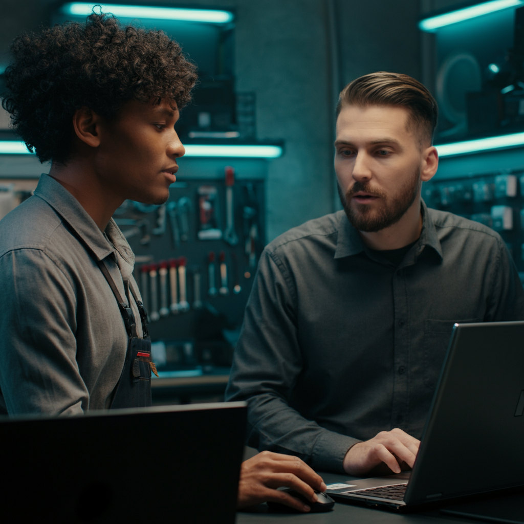 A person talking to a technician at a computer repair shop. The technician is behind a counter, examining a laptop. The shop is clean and well-lit, with various computer parts and tools visible in the background.