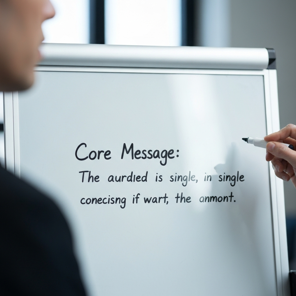 A close-up of a whiteboard with the words "Core Message:" followed by a single, concise sentence written in bold marker. The background is slightly blurred, with soft bokeh.