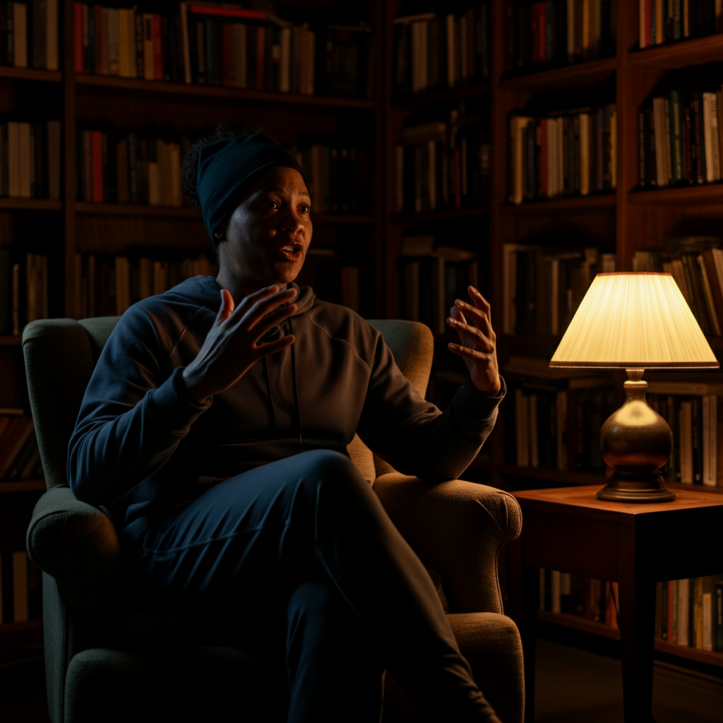 A storyteller sits in a comfortable armchair in a dimly lit room, illuminated by a single lamp. The background is filled with bookshelves. The storyteller gestures animatedly with their hands as they speak.