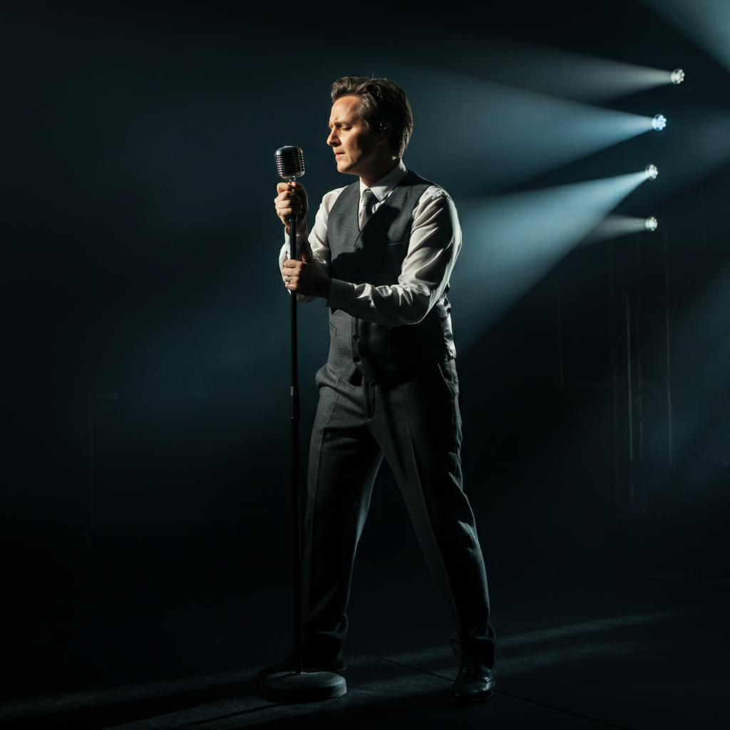A musician stands on a stage, holding a microphone. The stage lighting is dramatic, with strong contrasts of light and shadow. The musician is mid-performance, with a focused expression on their face.