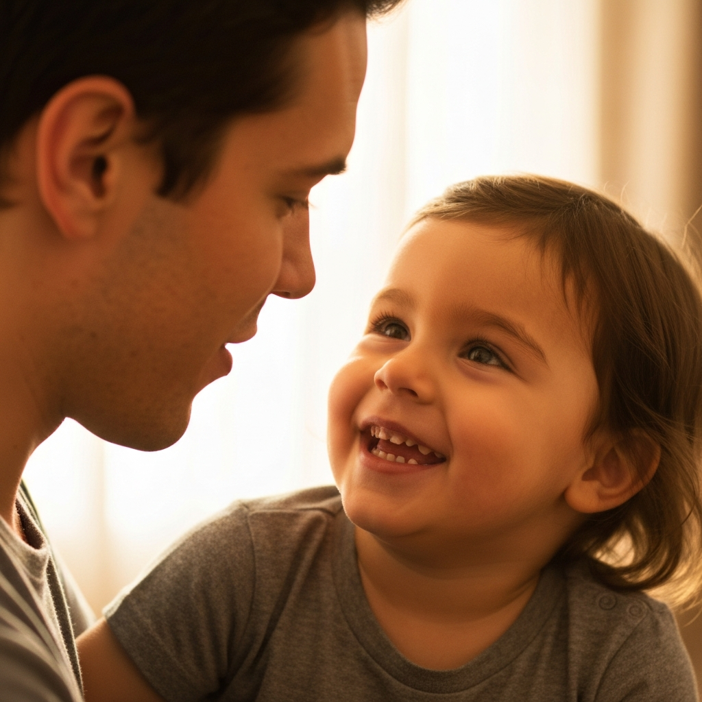 A child smiles brightly, looking up at an adult. The lighting is soft and warm, capturing the genuine emotion of the moment. The background is slightly out of focus, drawing attention to the connection between the two individuals.