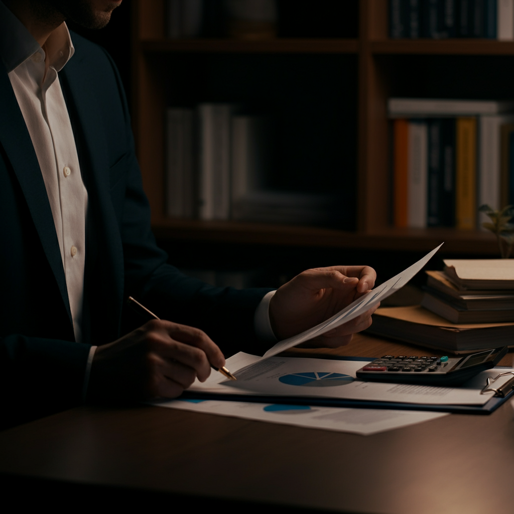 A softly lit office interior. A person, dressed in business attire, sits at a desk reviewing financial documents, a calculator nearby. Soft bokeh effect on the background bookshelves.