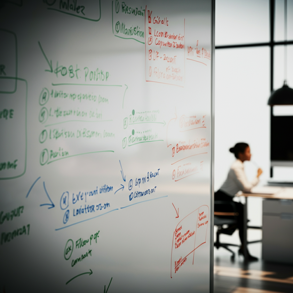 Close-up shot of a whiteboard in a modern office, filled with bullet-pointed goals and KPI metrics written in colorful markers. The lighting is bright and even.