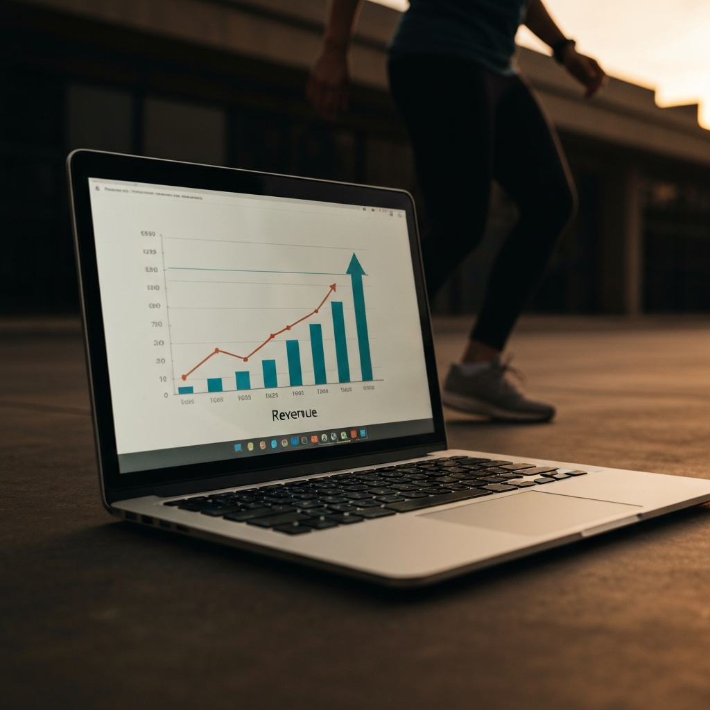 A laptop screen displays a graph showing revenue trends over time, with upward arrows indicating growth. The lighting is soft, reflecting off the screen.