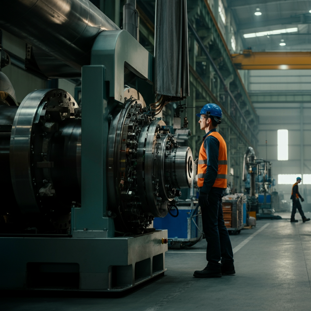 A factory floor with new machinery, side-lit to show the metallic textures. Workers in safety gear are visible in the background.
