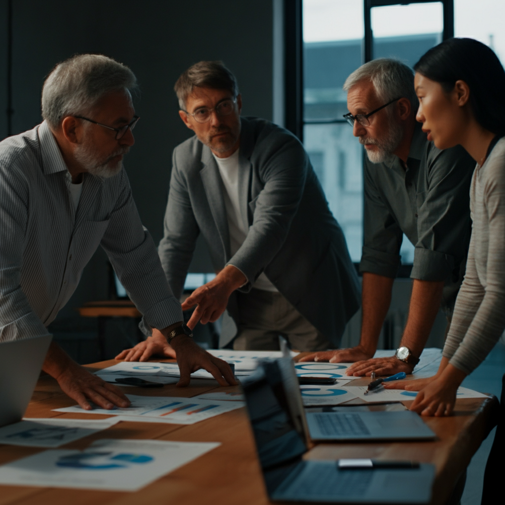 A team of business professionals brainstorming in a conference room, gesturing and pointing at charts. The room is well-lit with natural light.