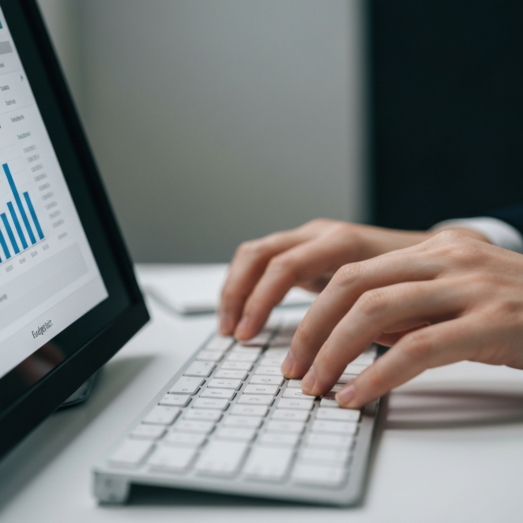 Close-up of hands typing on a keyboard, entering data into a budgeting software interface. Soft focus on the hands.