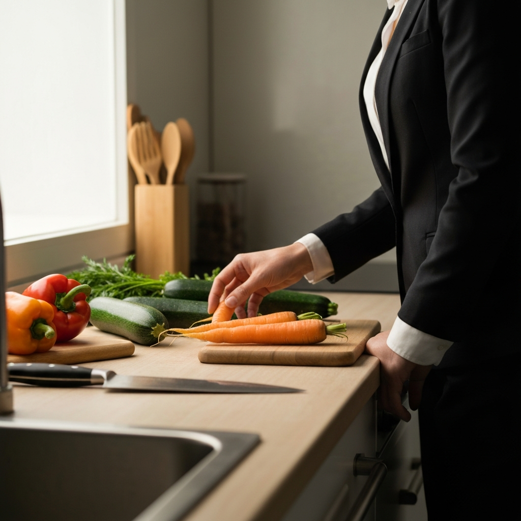 A brightly lit kitchen counter with various fresh vegetables (carrots, zucchini, peppers) neatly arranged. Soft bokeh highlights a wooden cutting board and a chef's knife. A hand reaches in to select a carrot.