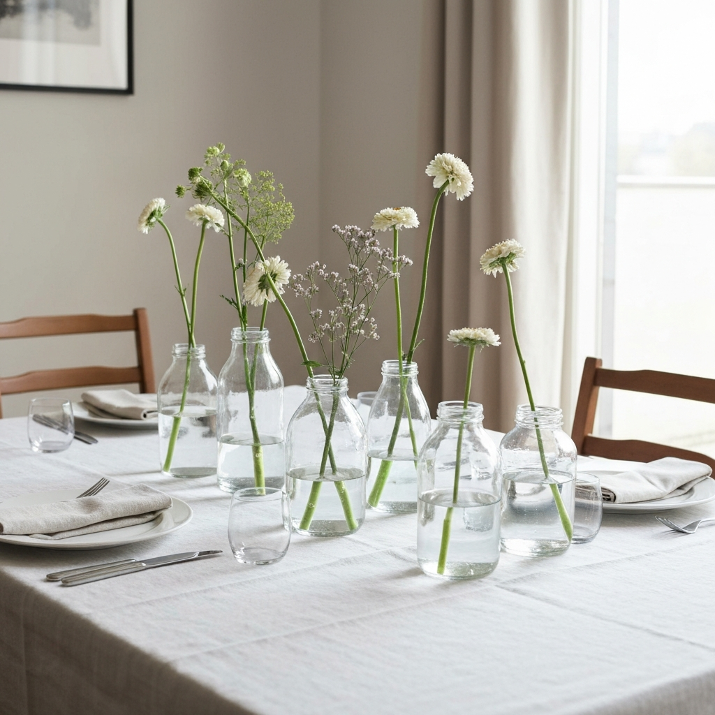 A dining table set for a party. Light reflects off of assorted glass jars filled with water and single stemmed flowers. A simple white tablecloth and linen napkins complete the setting.