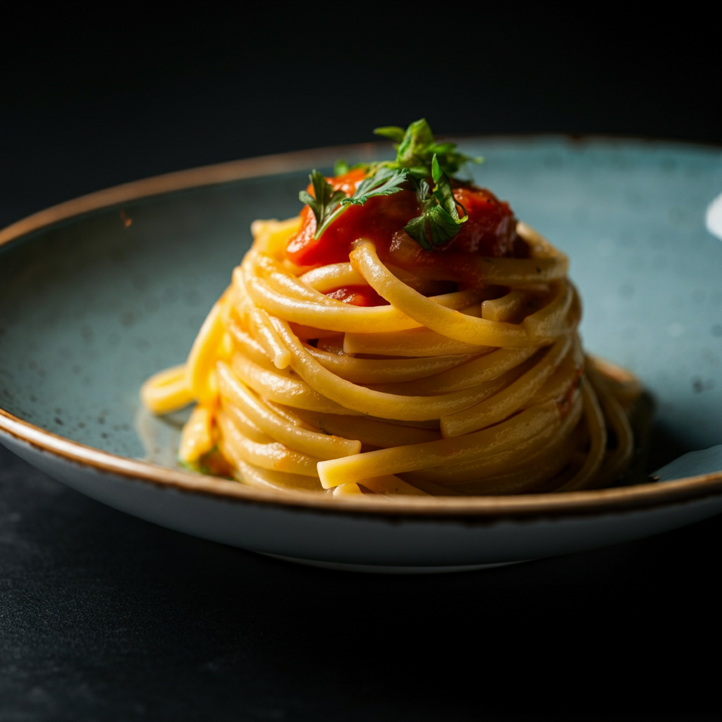 Close-up shot of a beautifully plated pasta dish. Focus is on the texture of the pasta, the vibrant color of the sauce, and a scattering of fresh herbs. Golden hour lighting creates a warm glow.