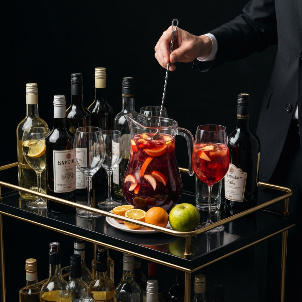 A bar cart arranged with various bottles and glasses. A pitcher of colorful sangria sits prominently, surrounded by fruit slices. A person is mixing a drink with a long spoon.