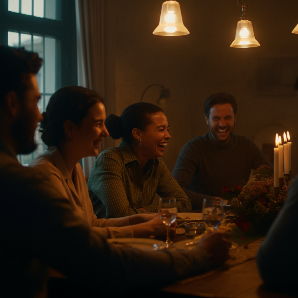 A group of friends laughing and talking around a dining table. Soft lighting creates a cozy atmosphere. Focus is on the expressions of joy and connection.