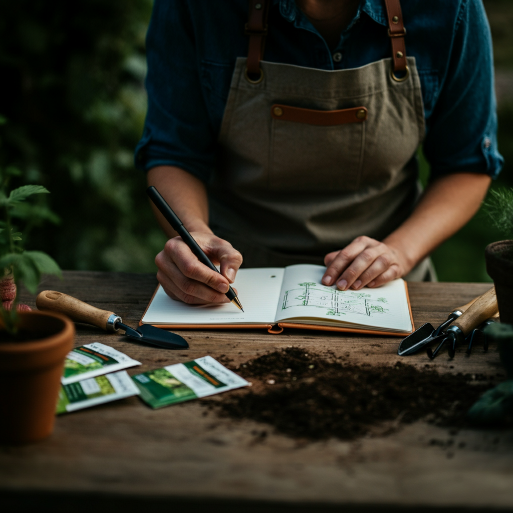 A person in a gardening apron sketches a garden layout in a notebook, with seed packets and gardening tools spread out on a wooden table in soft, diffused natural light.