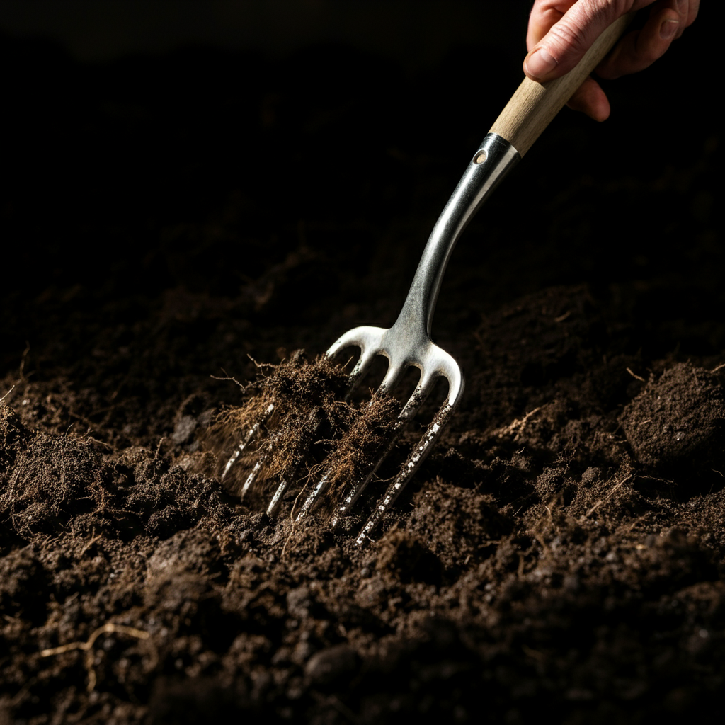 Close-up of rich, dark soil being turned with a garden fork, with sunlight highlighting the texture and earthworms visible.