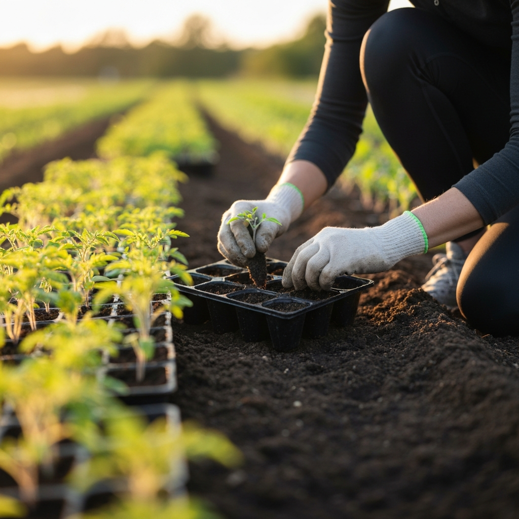 A gardener wearing gloves gently transplants a small tomato seedling from a seedling tray into a prepared garden bed, with rows of other seedlings in the background and soft bokeh.